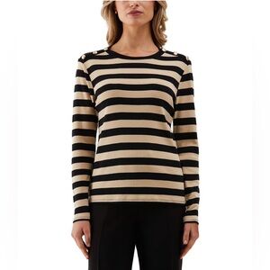 Rafaella Black and Tan Striped Long Sleeve Top Size Large Gold Buttons Crew Neck